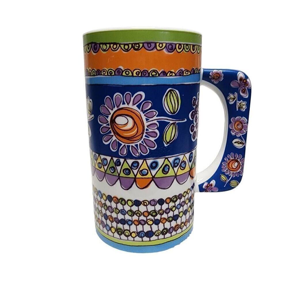 Pier 1 Imports Coffee Mugs, Artisan Boho Floral Print Tall Ceramic Drinking Cup